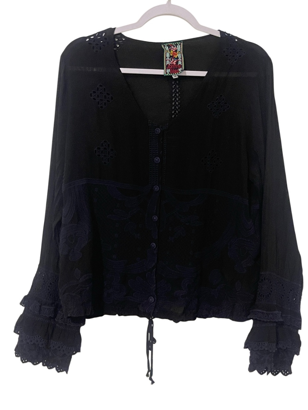 Johnny Was Black Embroidered Lace Blouse Boho Ruffle Sleeve Tie Hem Medium M - Picture 3 of 13